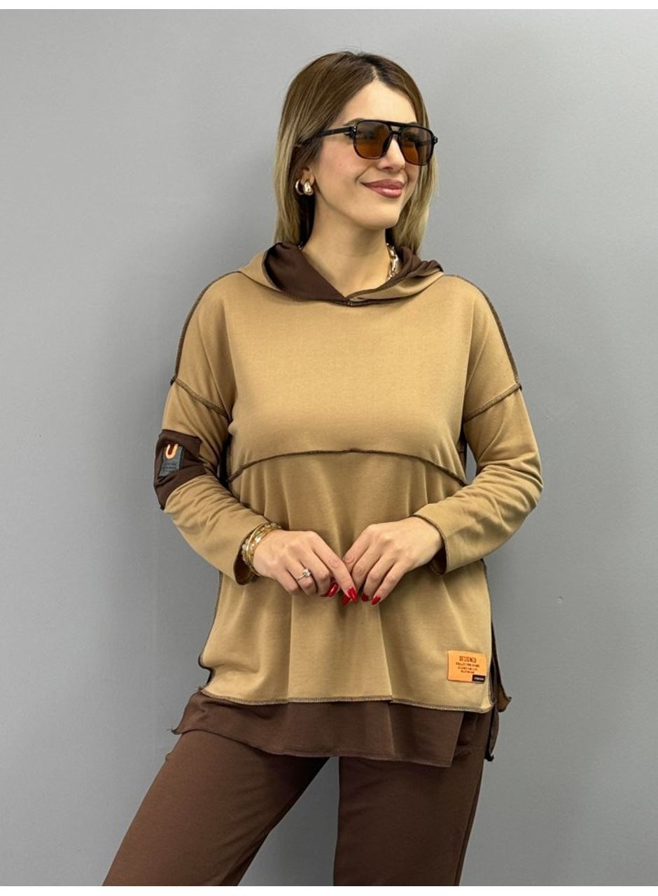 Kadın Kahve Kapşonlu Etek Ucu Detay Arma Ters Dikiş Gorunumlu Ikili Takım