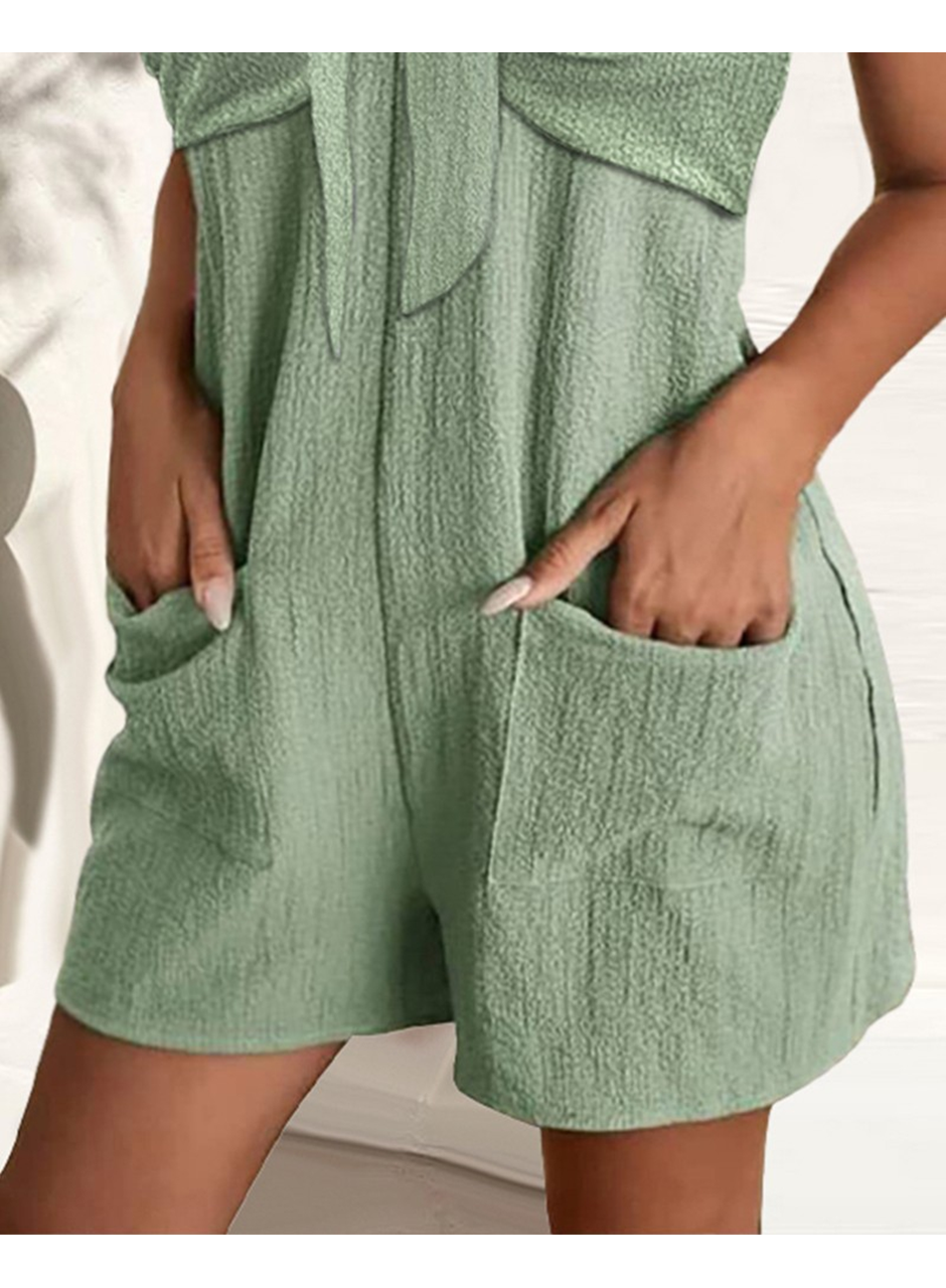 Kadın Kolsuz Askı Aksesuarlı önü Bağlama Detay Salopet şort Tulum