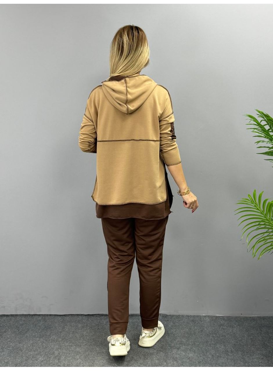 Kadın Kahve Kapşonlu Etek Ucu Detay Arma Ters Dikiş Gorunumlu Ikili Takım