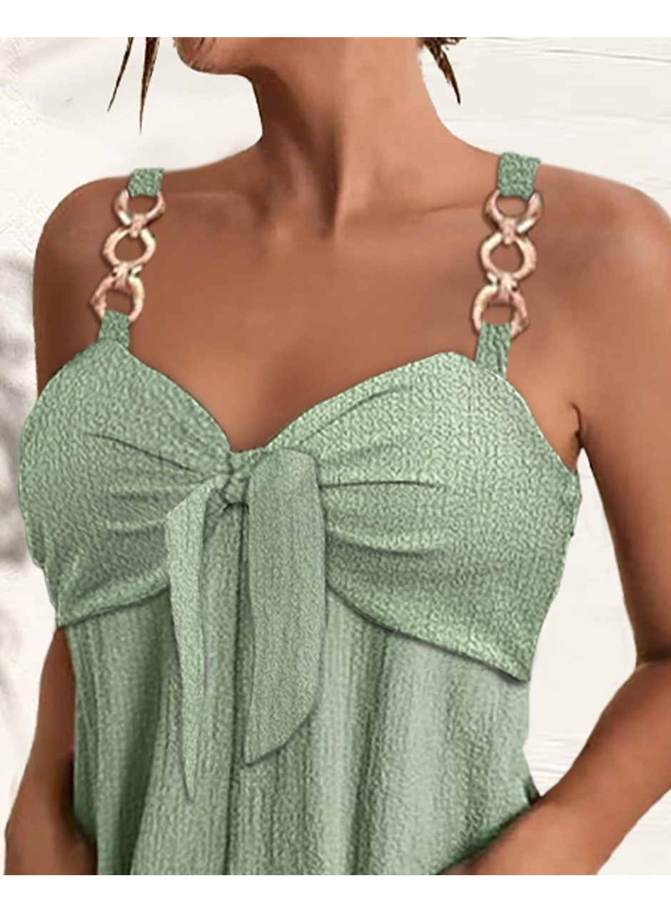 Kadın Kolsuz Askı Aksesuarlı önü Bağlama Detay Salopet şort Tulum