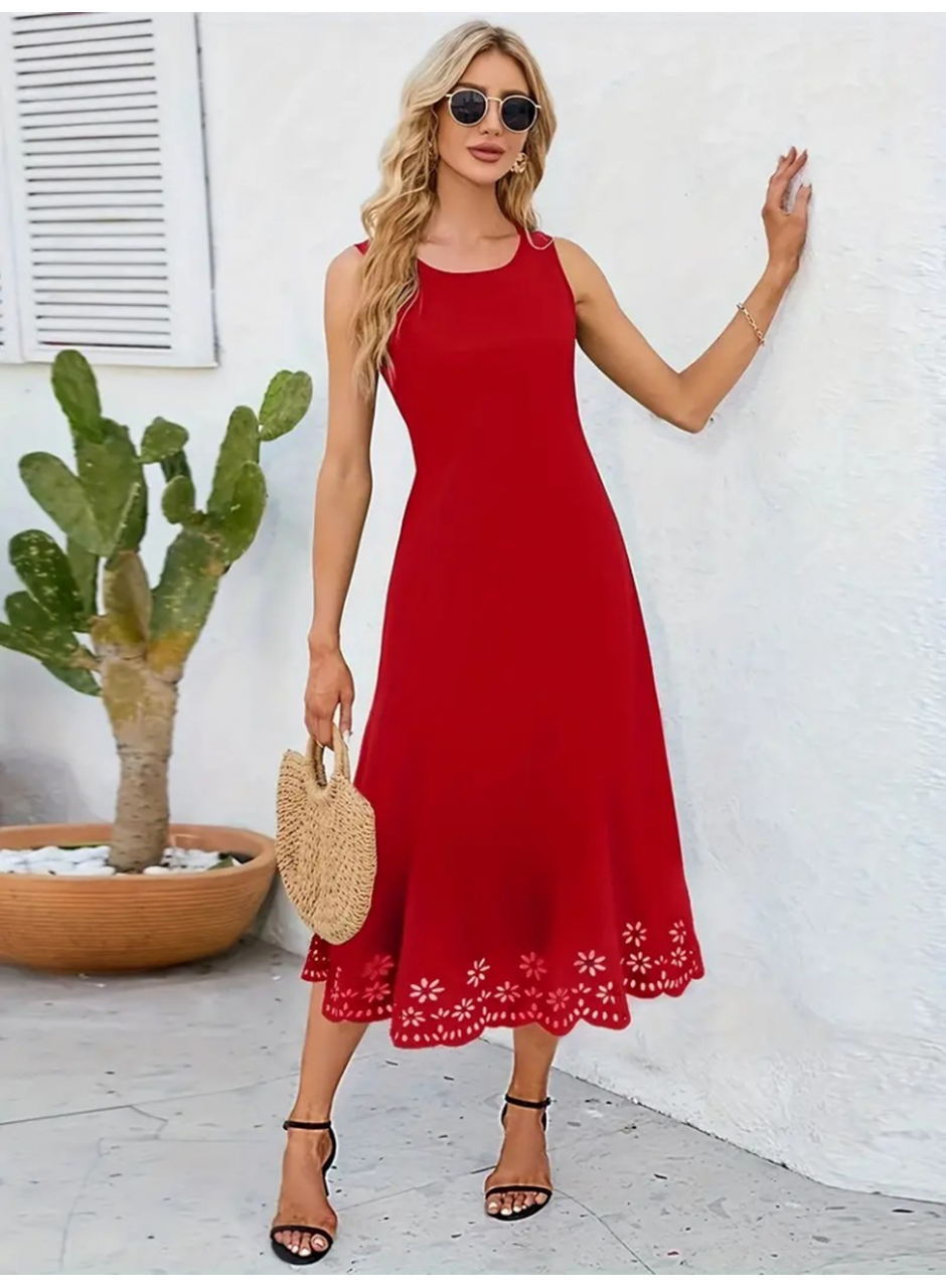 Kadın Kolsuz Etek Ucu Lazer Kesim çiçek Desenli Midi Boy Ithal Krep Elbise