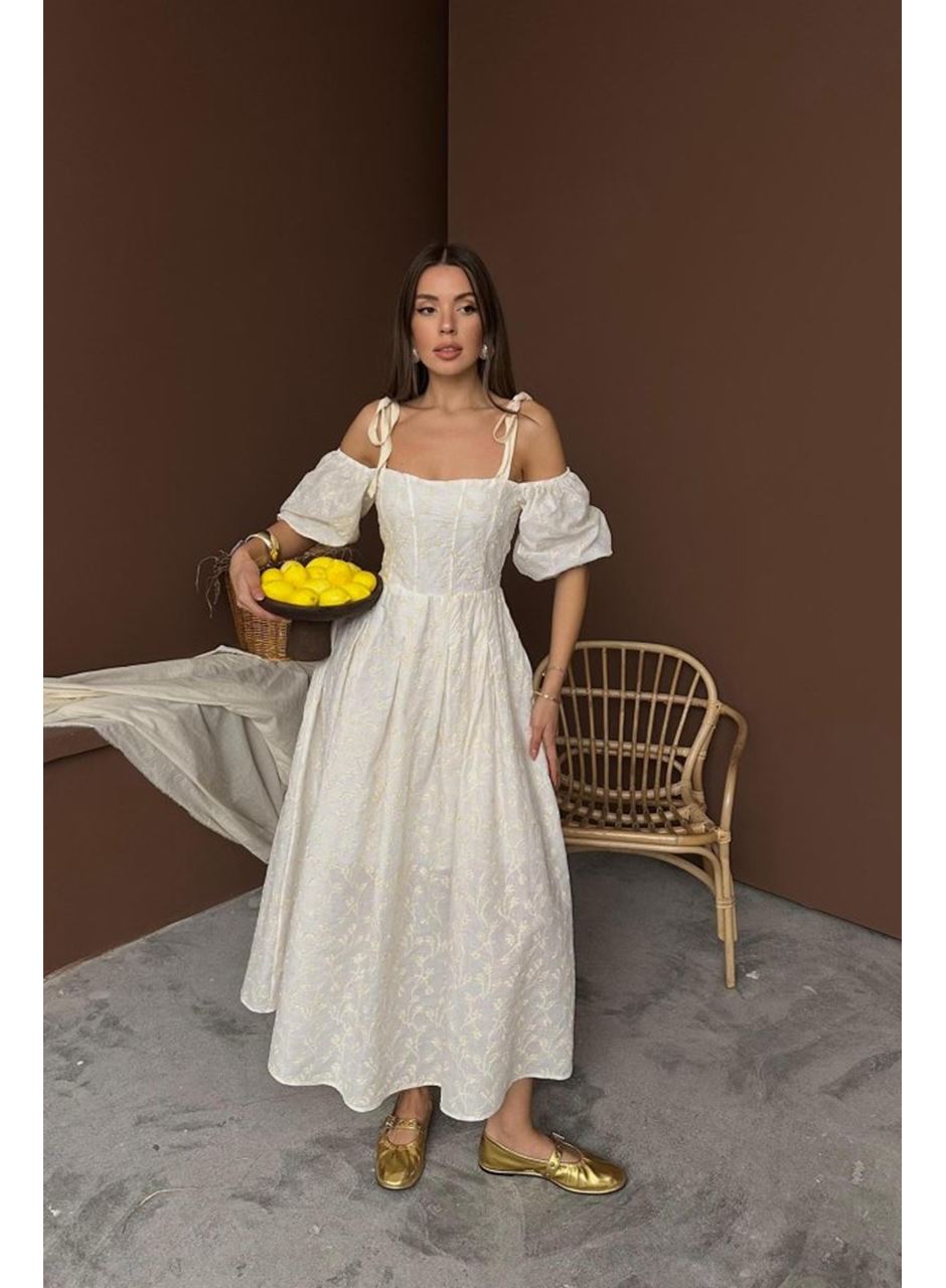 Bej Omuzu Bağcıklı Balon Kollu Brode Elbise