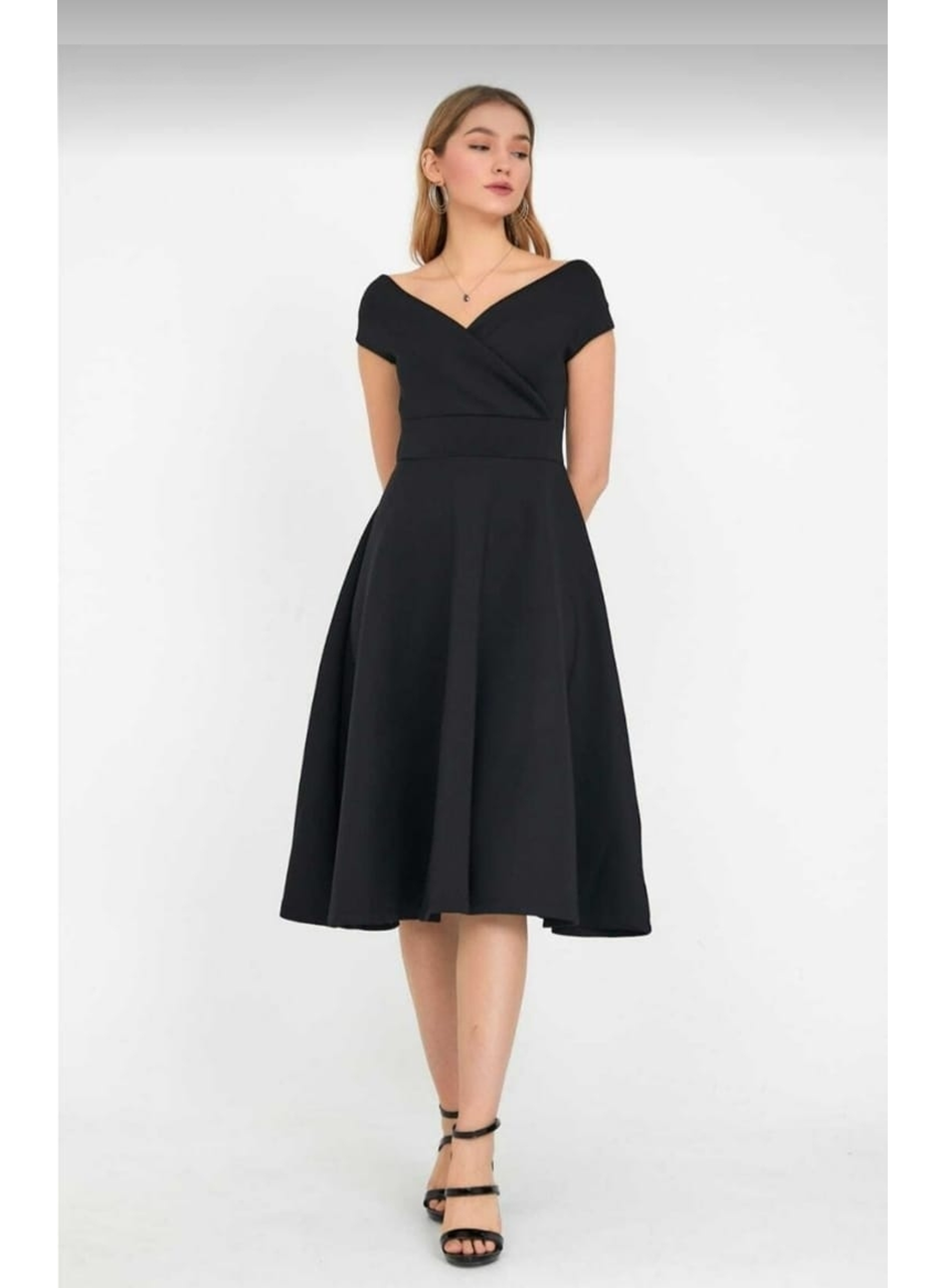 Düşük Omuz Eteği Pileli Krep Kumaş Midi Boy Elbise