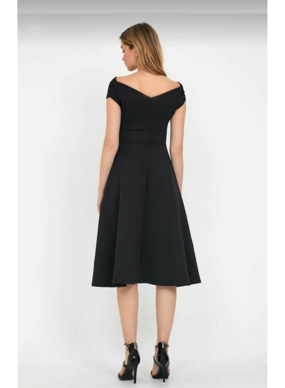 Düşük Omuz Eteği Pileli Krep Kumaş Midi Boy Elbise