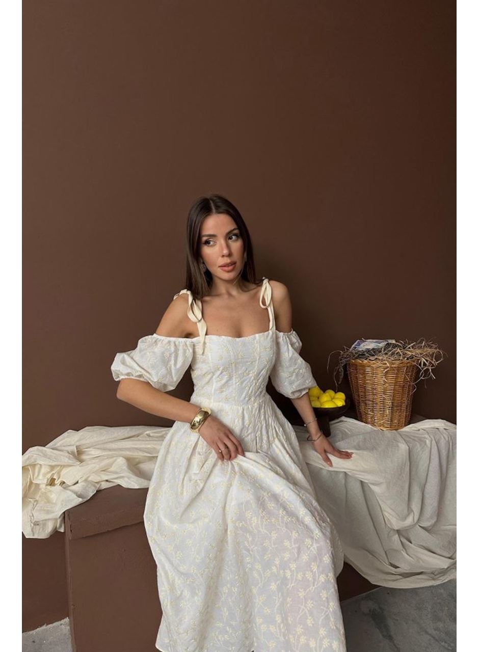 Bej Omuzu Bağcıklı Balon Kollu Brode Elbise