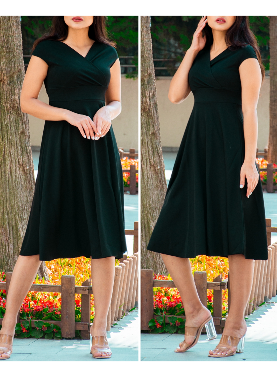 Düşük Omuz Eteği Pileli Krep Kumaş Midi Boy Elbise