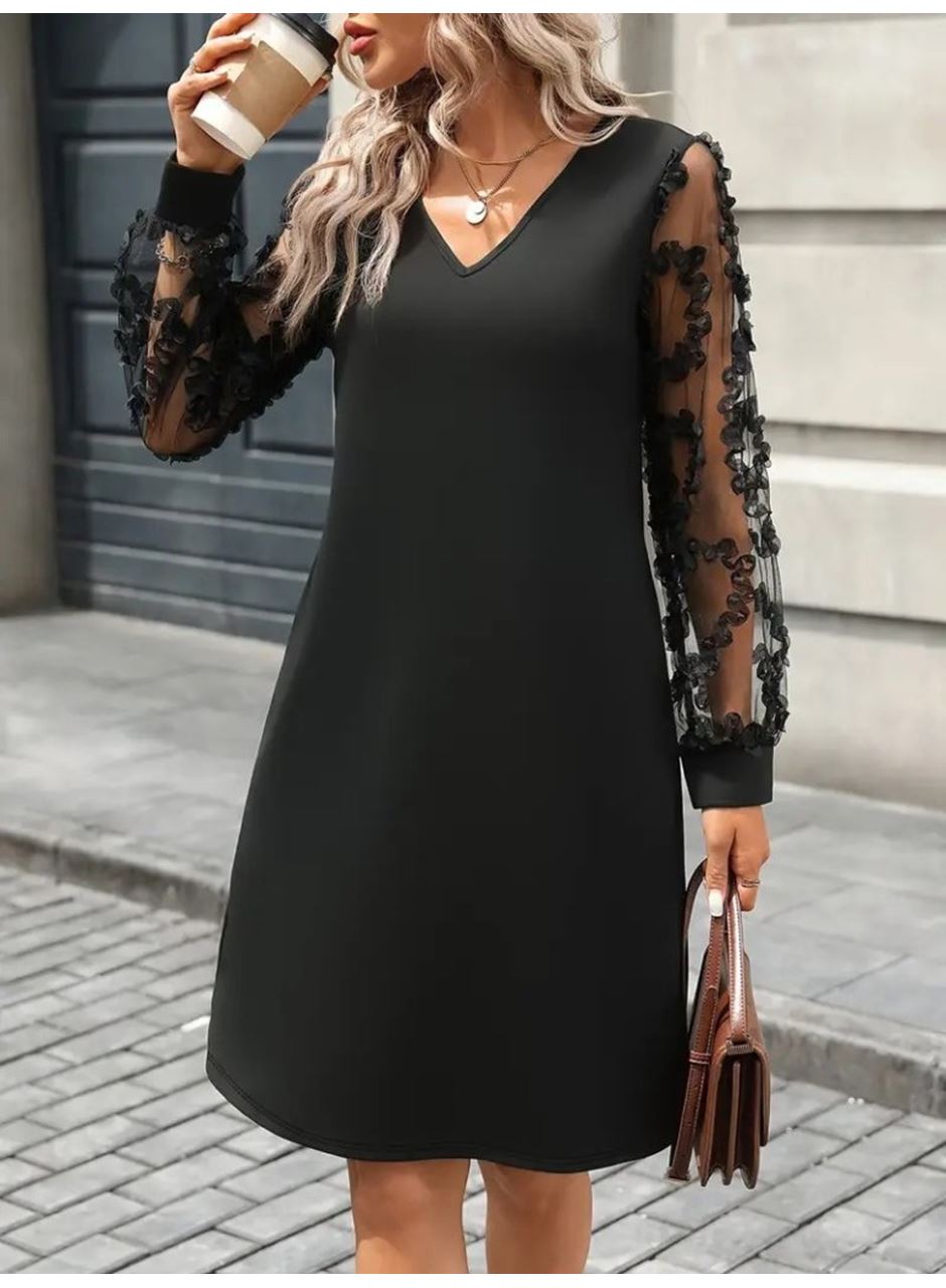Kadın Uzun Kollu V Yakalı Tüllü Kısa Ithal Krep Mini Elbise