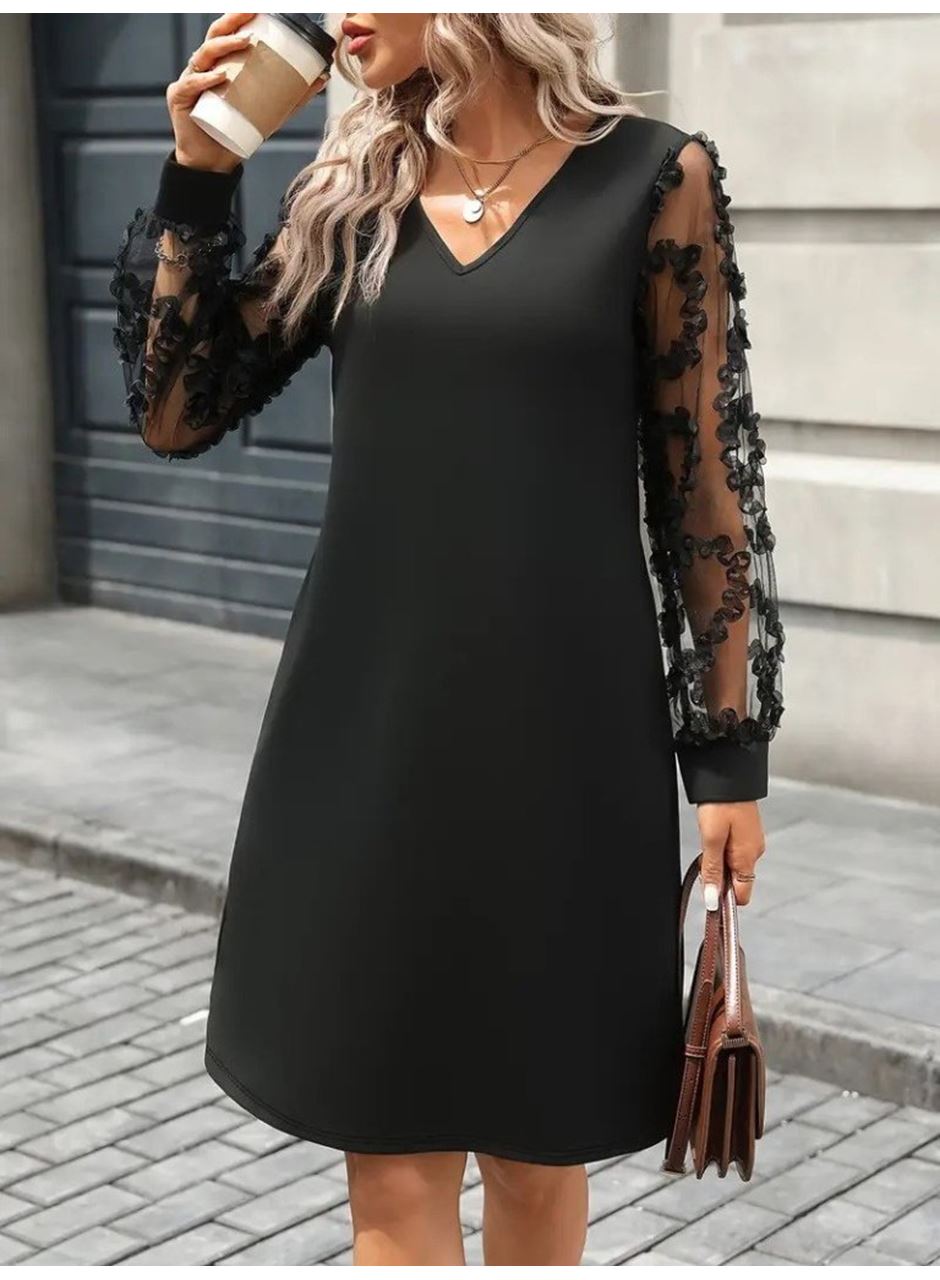 Kadın Uzun Kollu V Yakalı Tüllü Kısa Ithal Krep Mini Elbise