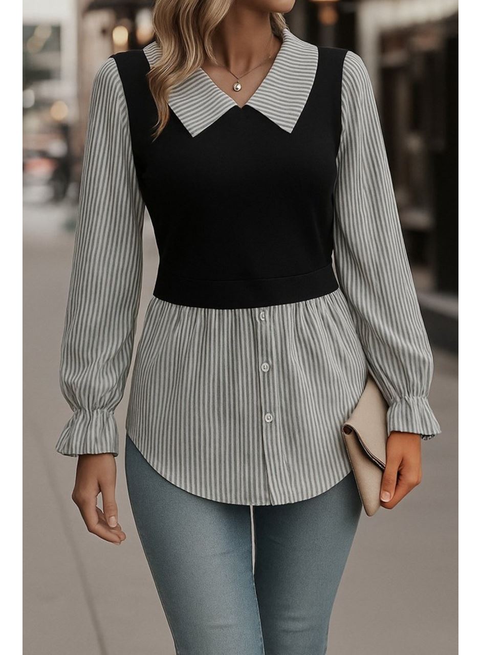 Kadın Uzun Kollu Yakalı önden Düğmeli Ottoman Bluz