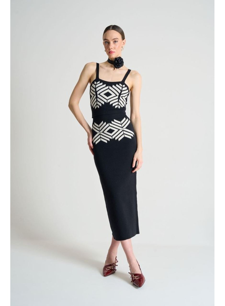 Jakarlı İnce AskılıTriko Takım - Siyah-Beyaz Kayısı