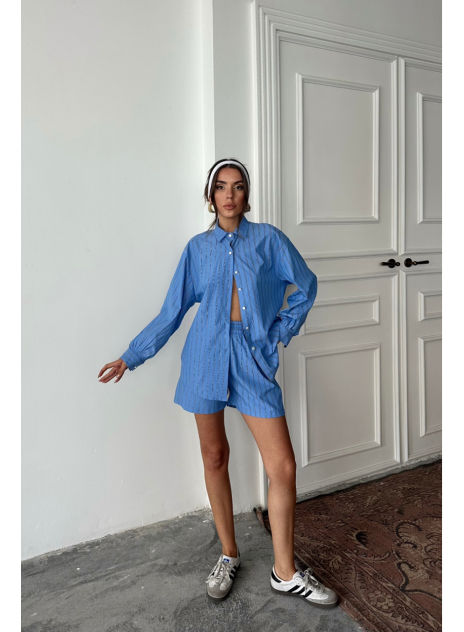 POPLİN ÇİZGİLİ GÖMLEK - ŞORT TAKIM - Mavi