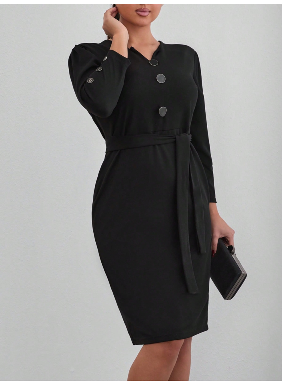 Kadın Uzun Kollu Düğme Detaylı Kendinden Kemerli Ithal Krep Elbise