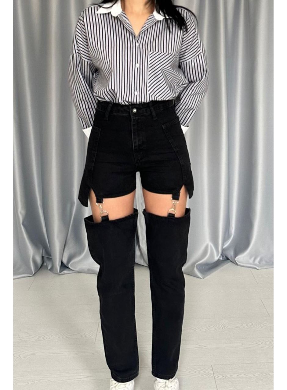 Siyah Askılı İki Parça Jeans Pantolon