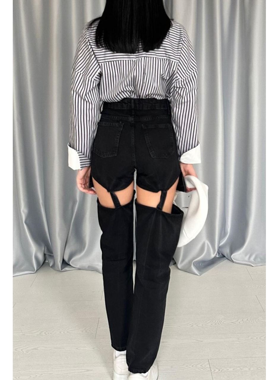 Siyah Askılı İki Parça Jeans Pantolon