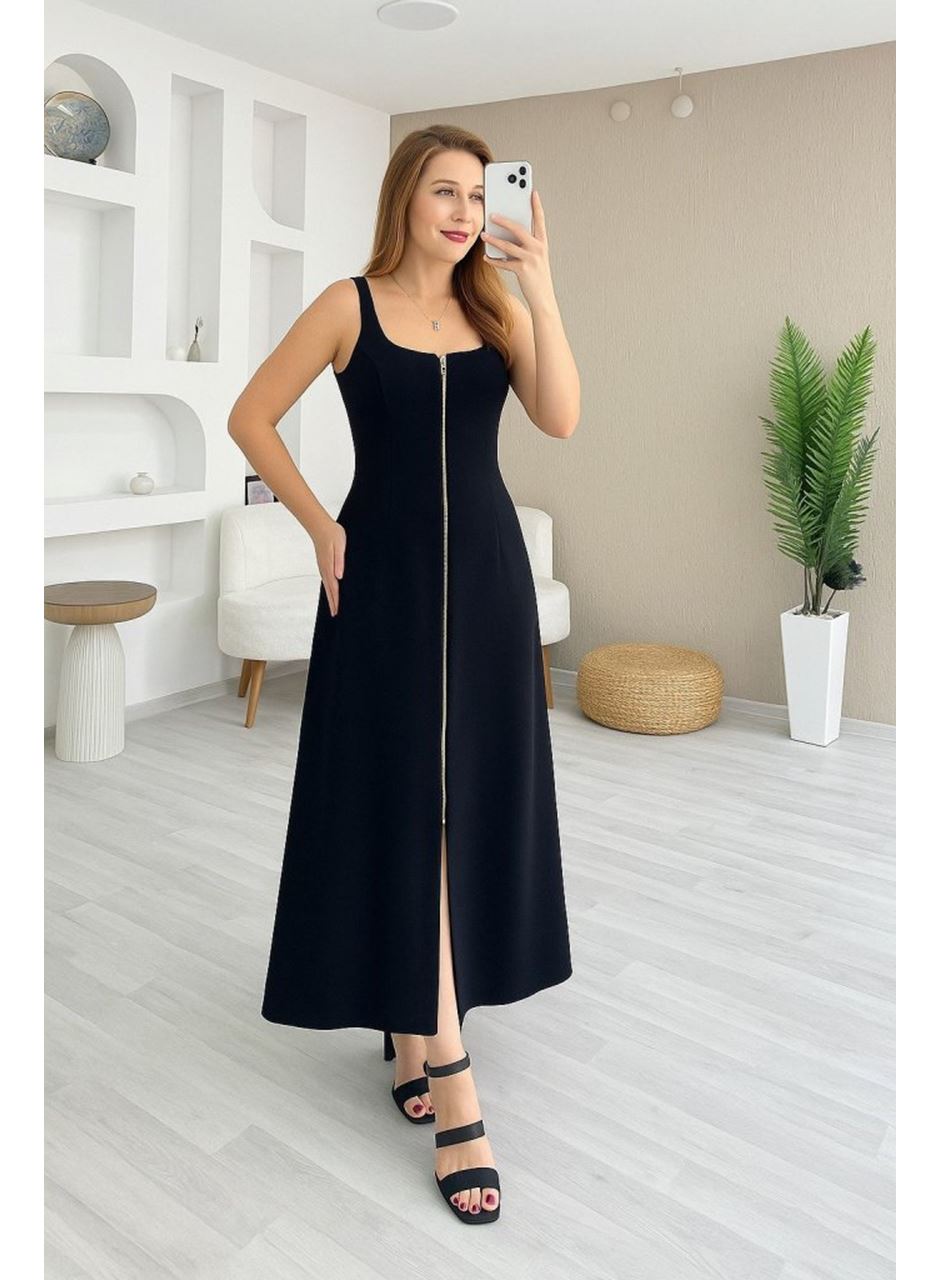 Kadın Askılı Kare Yaka önden Fermuarlı Geniş Kesim Janjan Krep Elbise