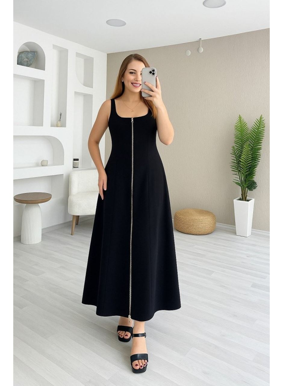 Kadın Askılı Kare Yaka önden Fermuarlı Geniş Kesim Janjan Krep Elbise