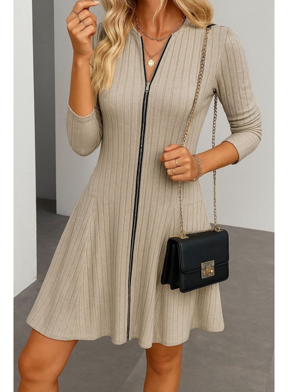 Kadın Uzun Kollu önden Fermuarlı Pileli şardonlu Kaşkorse Mini Elbise