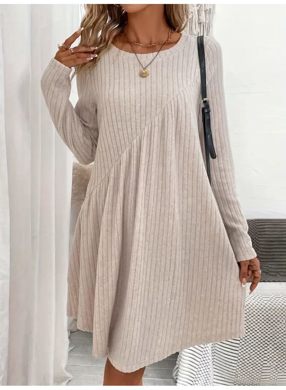 Kadın Uzun Kollu Yuvarlak Yaka Asimetrik Detaylı Kiloş şardonlu Kaşkorse Elbise