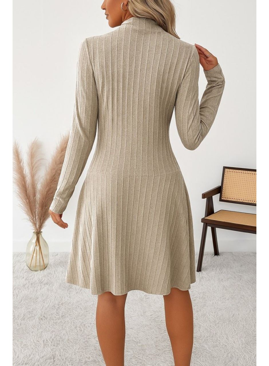 Kadın Uzun Kollu önden Fermuarlı Pileli şardonlu Kaşkorse Mini Elbise