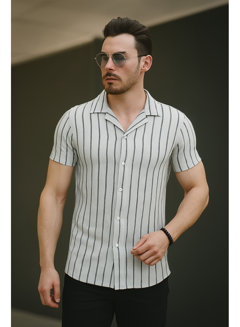 Erkek Kısa Kollu Gri çizgi Desenli örme Kumaş Pamuklu Gömlek