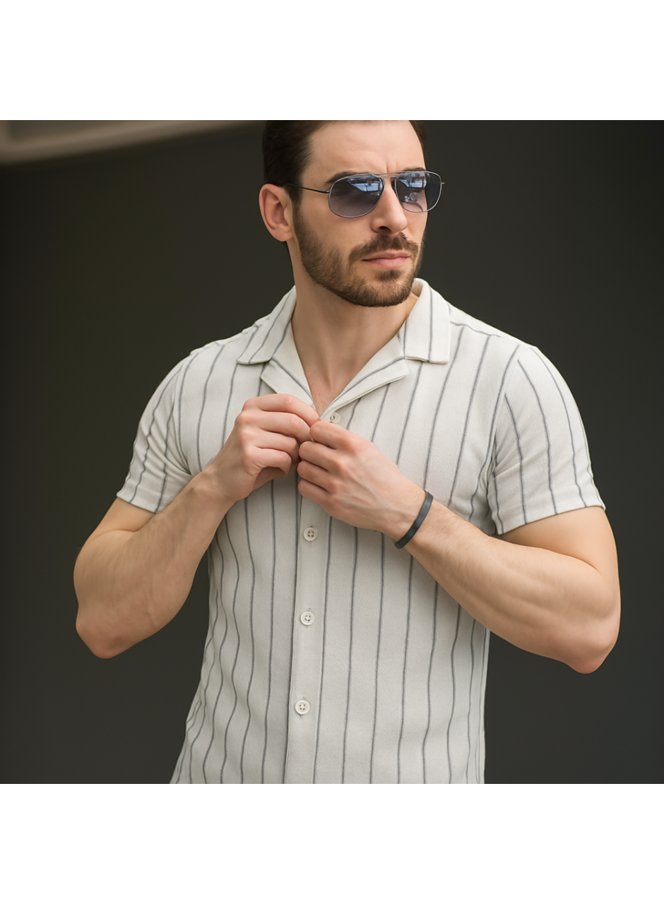 Erkek Kısa Kollu Gri çizgi Desenli örme Kumaş Pamuklu Gömlek