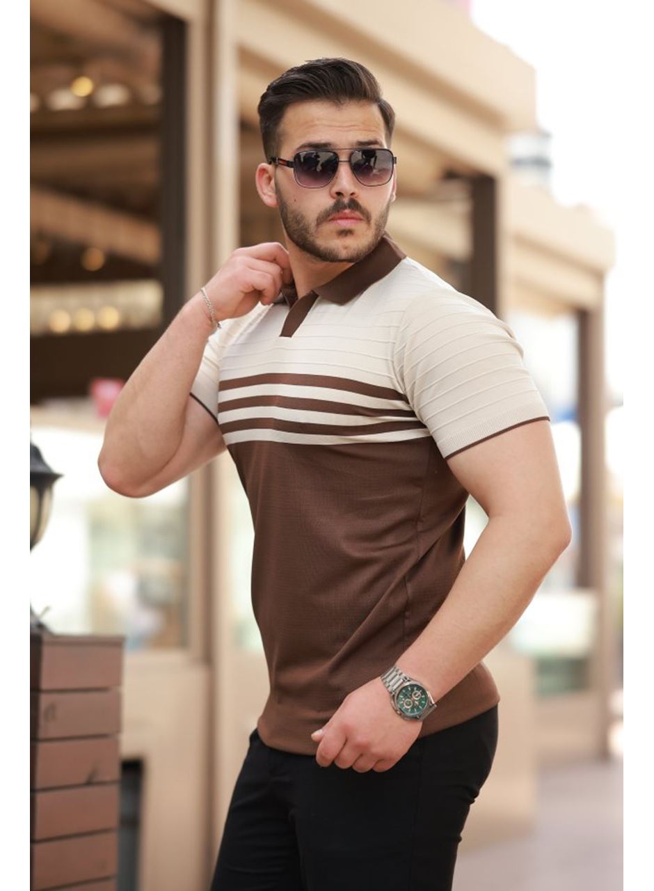 Erkek çizgi Desenli Yakalı Kısa Kollu T-shirt