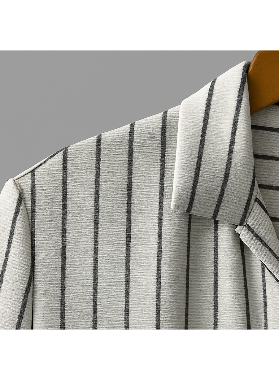 Erkek Kısa Kollu Gri çizgi Desenli örme Kumaş Pamuklu Gömlek