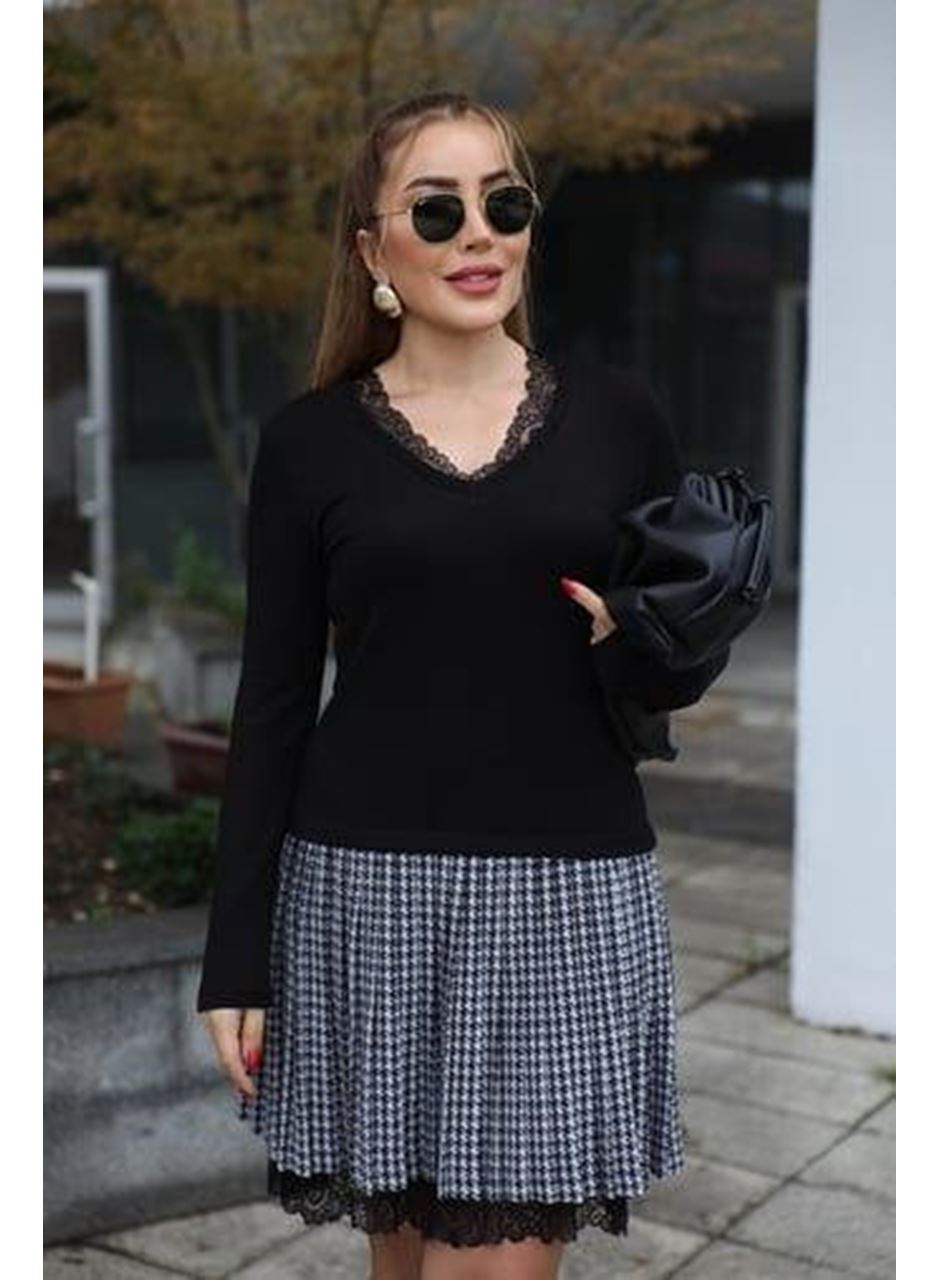 Kadın Uzun Kollu Denteli Yaka Ekose Etek Detay Diz üstü Elbise