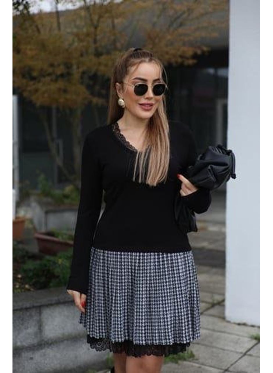 Kadın Uzun Kollu Denteli Yaka Ekose Etek Detay Diz üstü Elbise