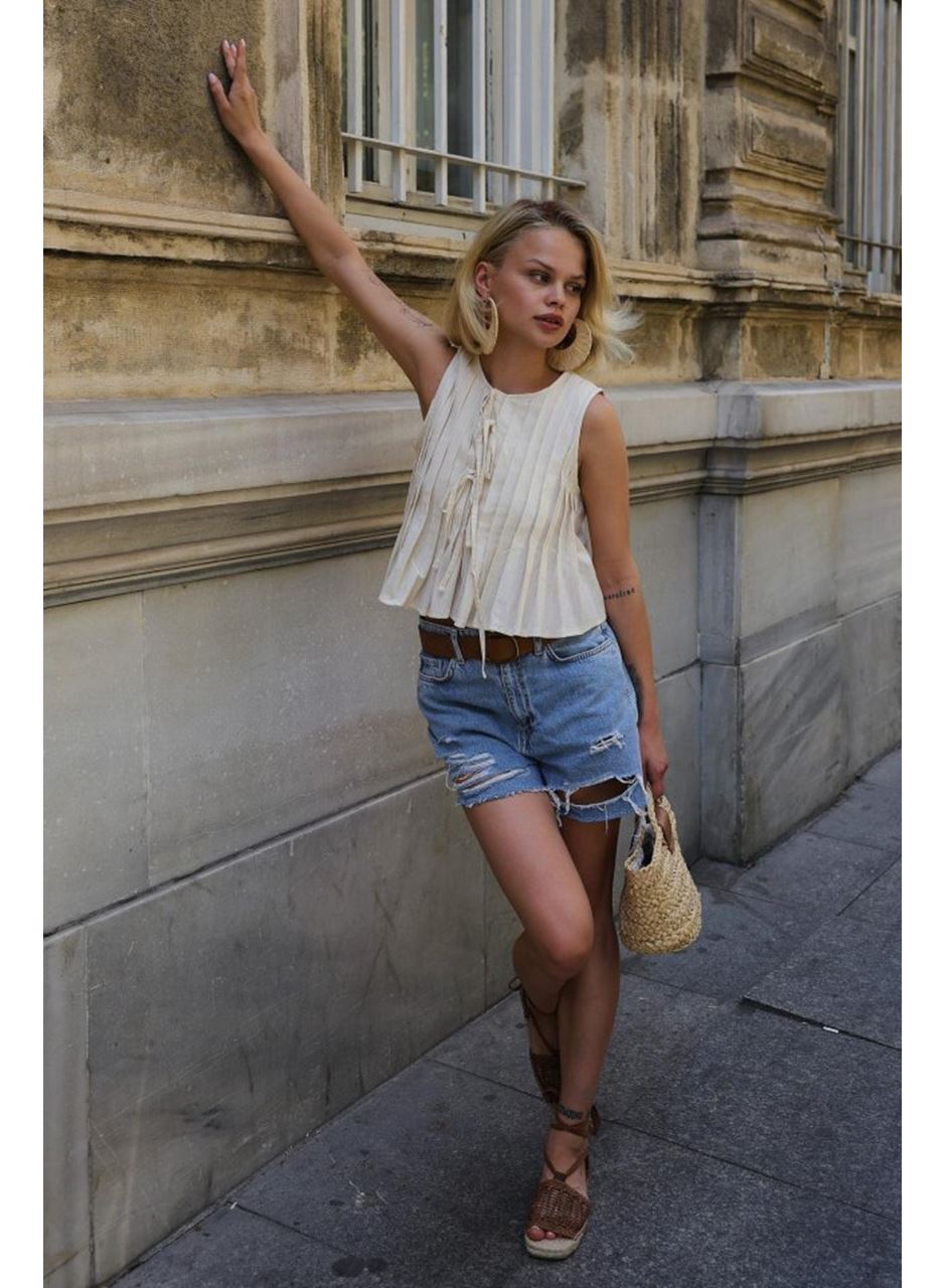 Pileli Bağlamlı Bluz - Natür