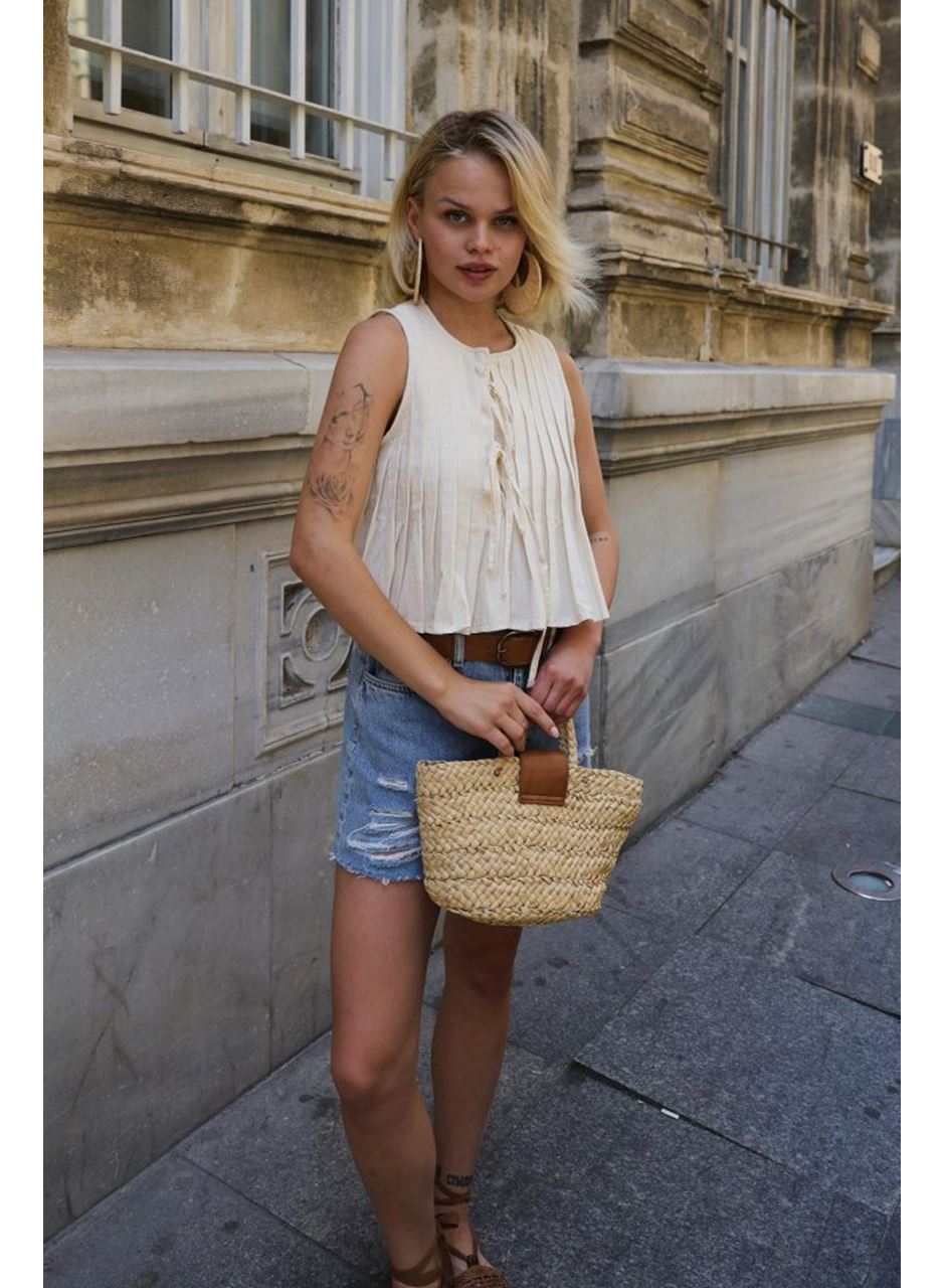 Pileli Bağlamlı Bluz - Natür