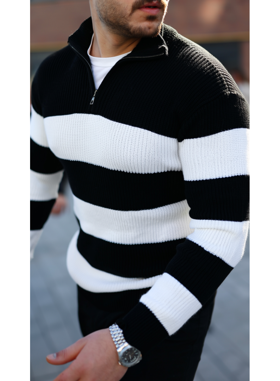 Erkek Şerit Renk Desenli Zip Yaka Kazak