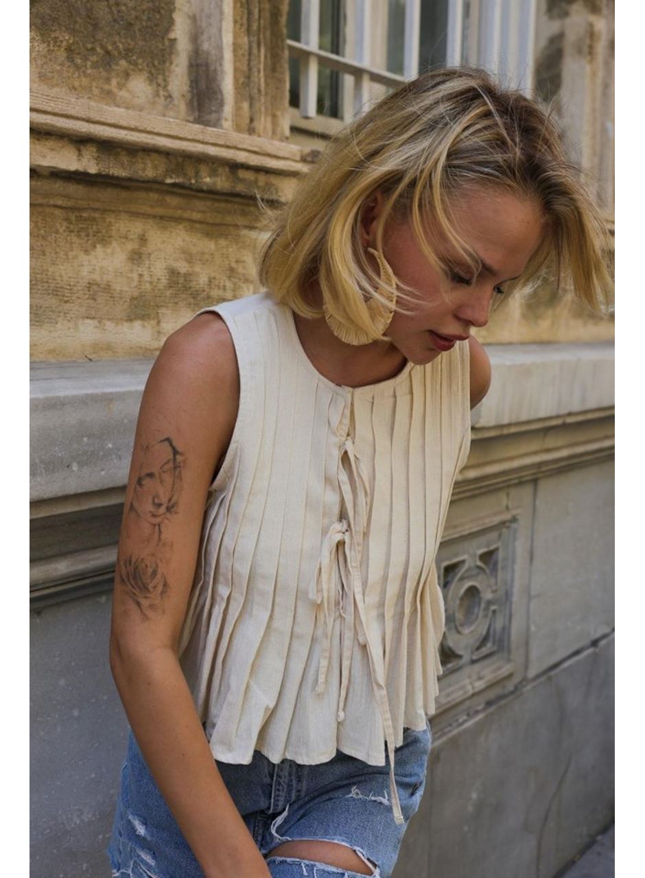 Pileli Bağlamlı Bluz - Natür