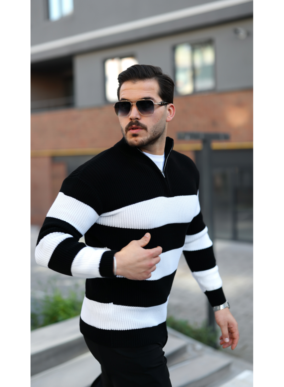 Erkek Şerit Renk Desenli Zip Yaka Kazak
