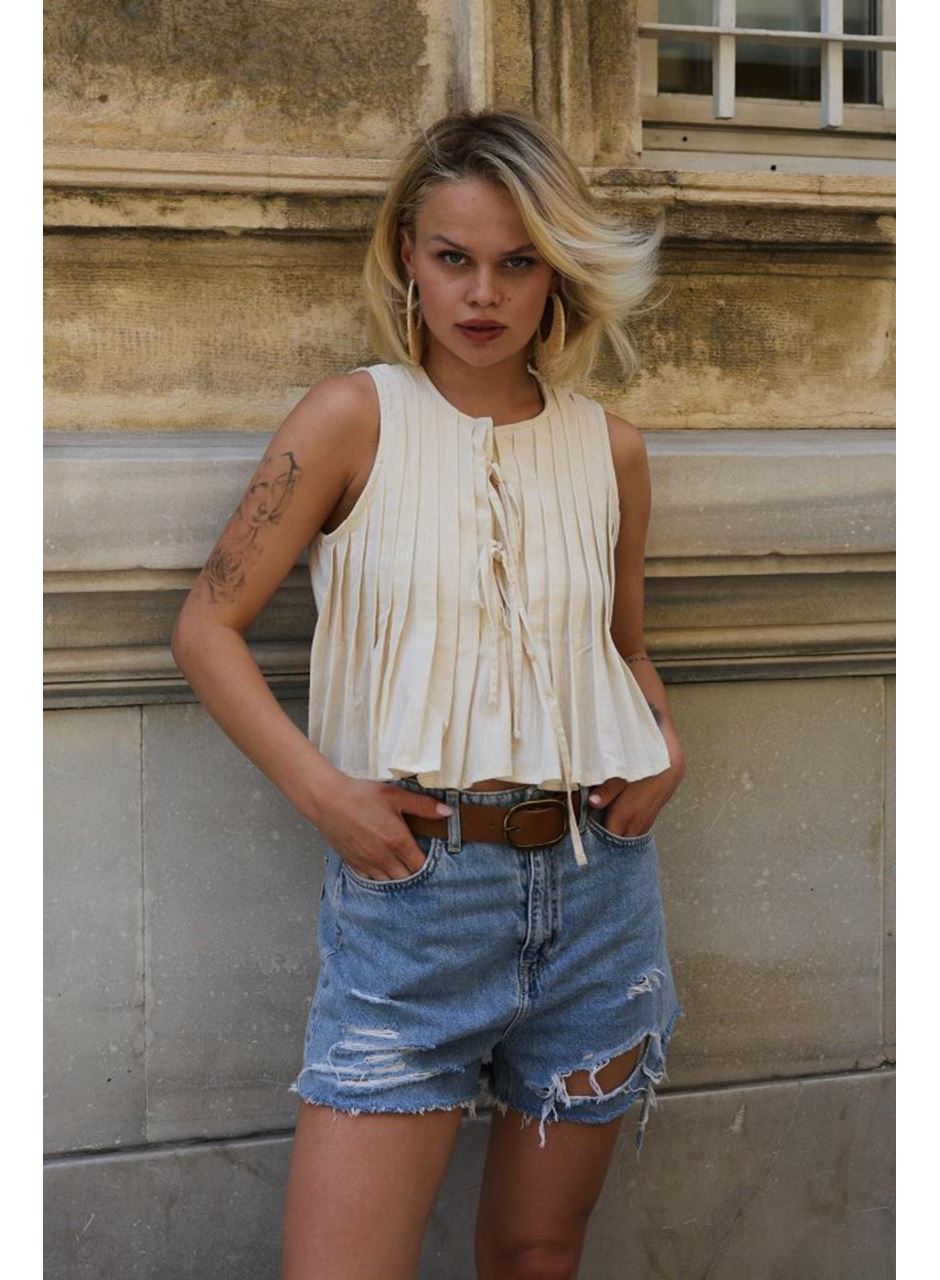 Pileli Bağlamlı Bluz - Natür