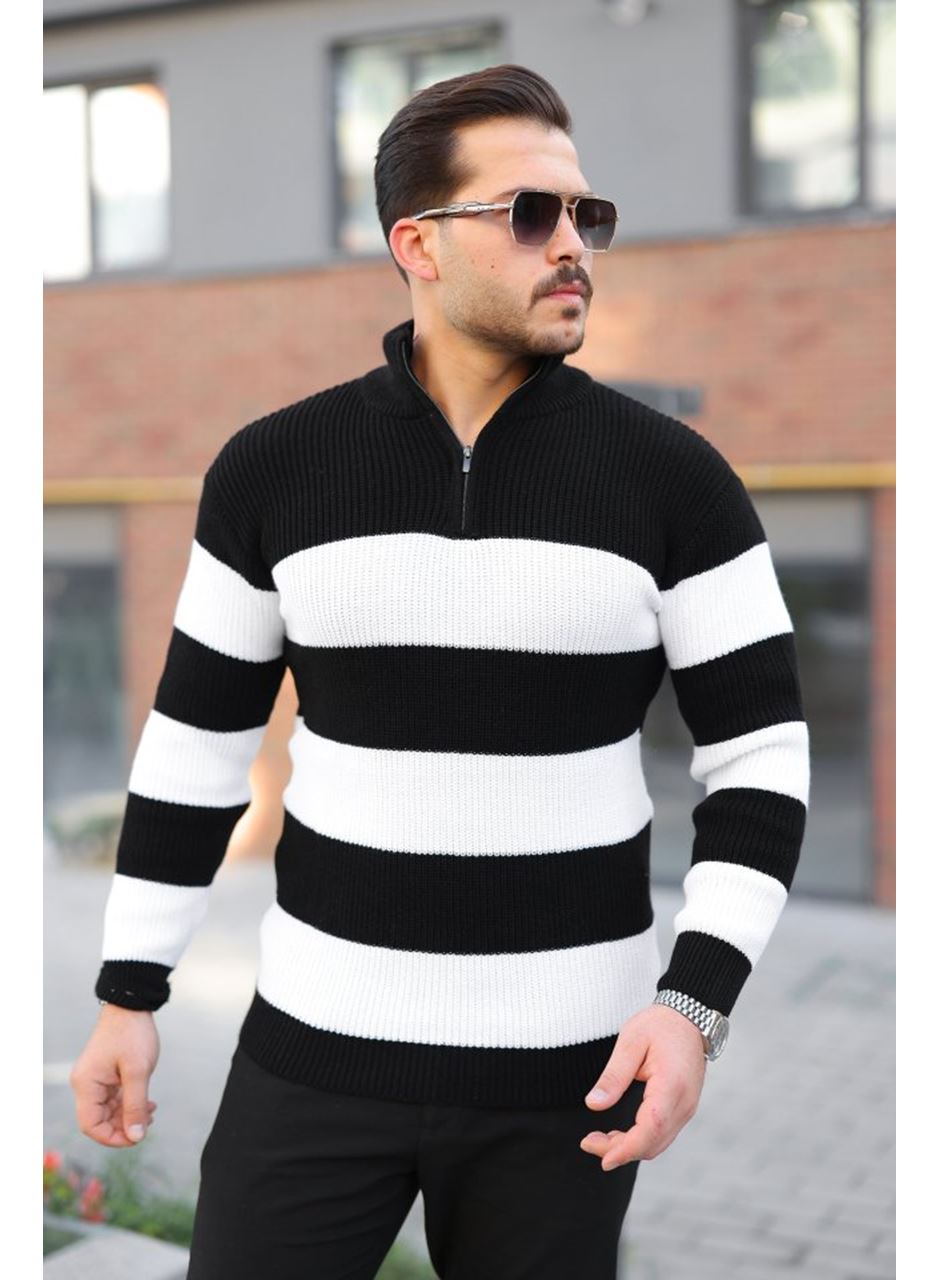 Erkek Şerit Renk Desenli Zip Yaka Kazak
