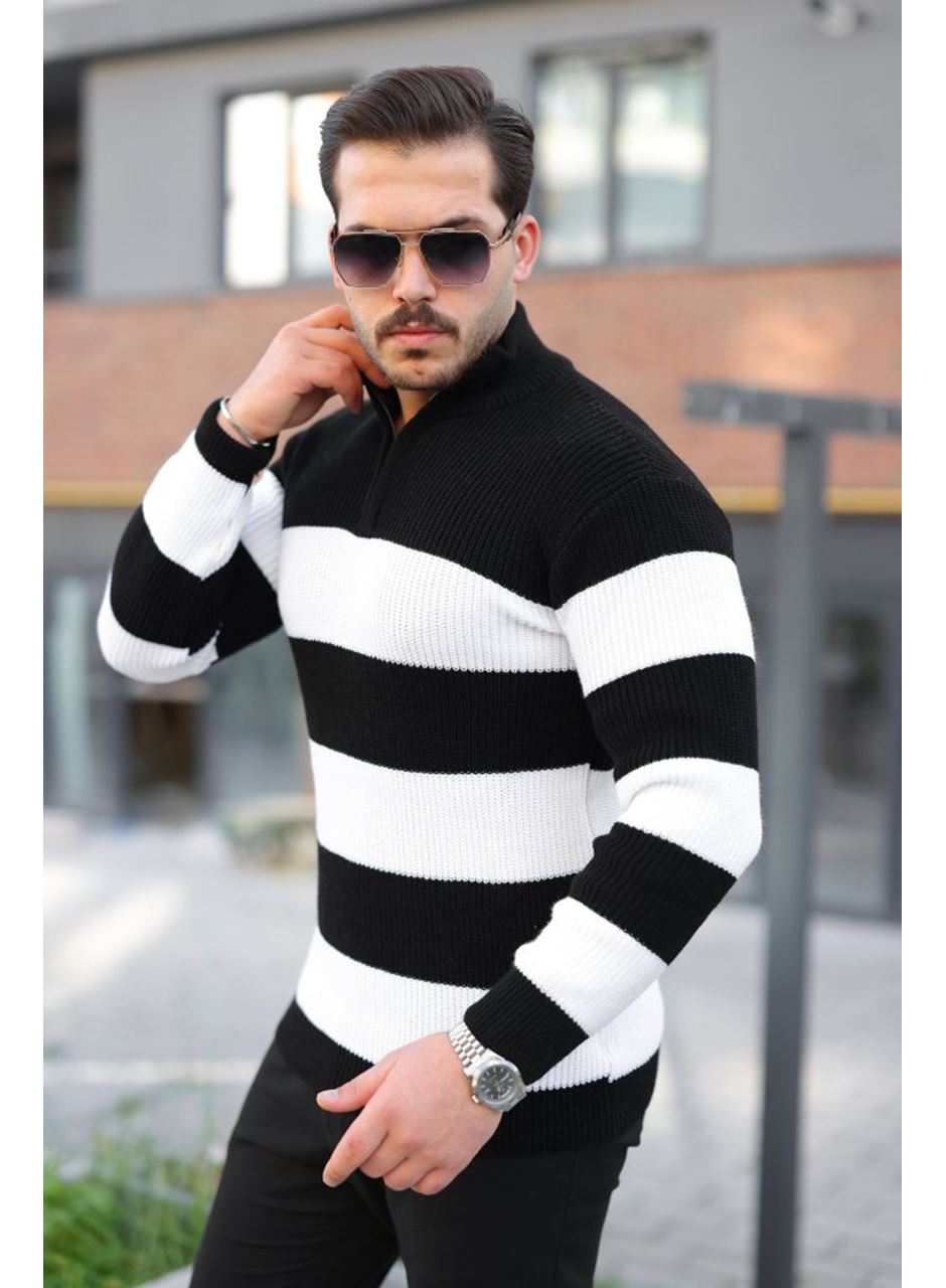 Erkek Şerit Renk Desenli Zip Yaka Kazak