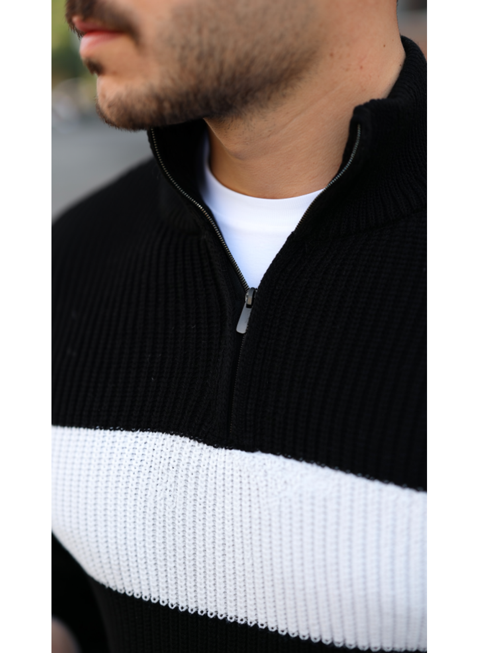 Erkek Şerit Renk Desenli Zip Yaka Kazak