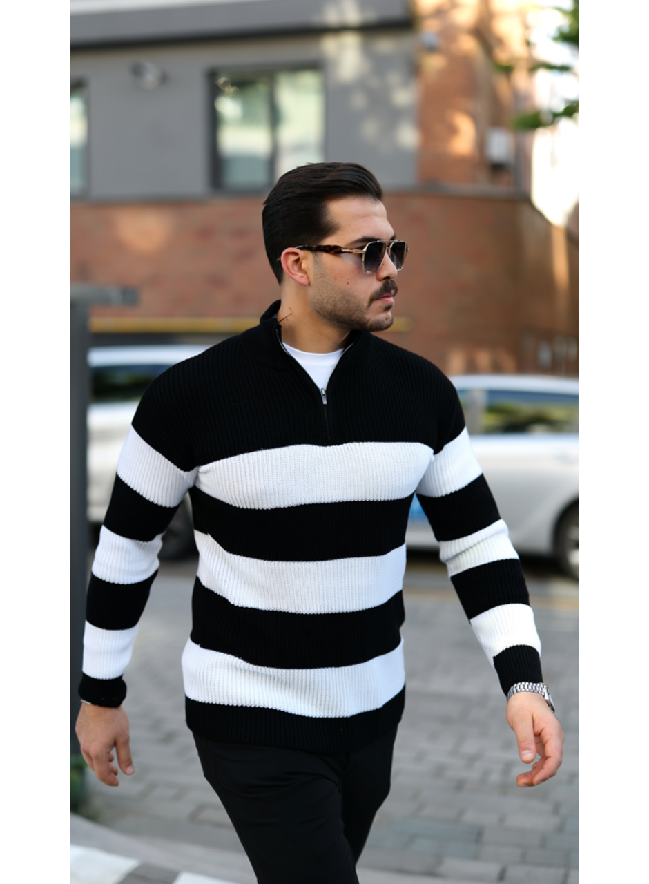 Erkek Şerit Renk Desenli Zip Yaka Kazak