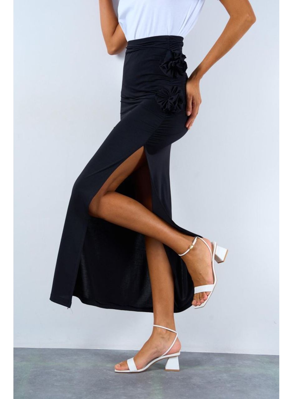 Yandan Büzgülü Güllü Etek - Siyah