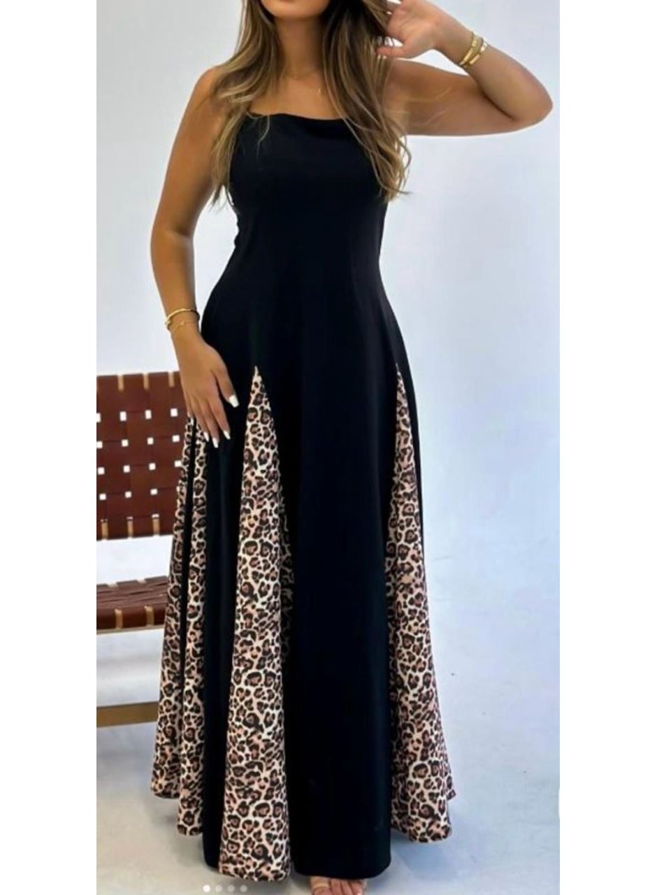 Kadın Dalgıç Kumaş Leopar Desenli Kloş Elbise