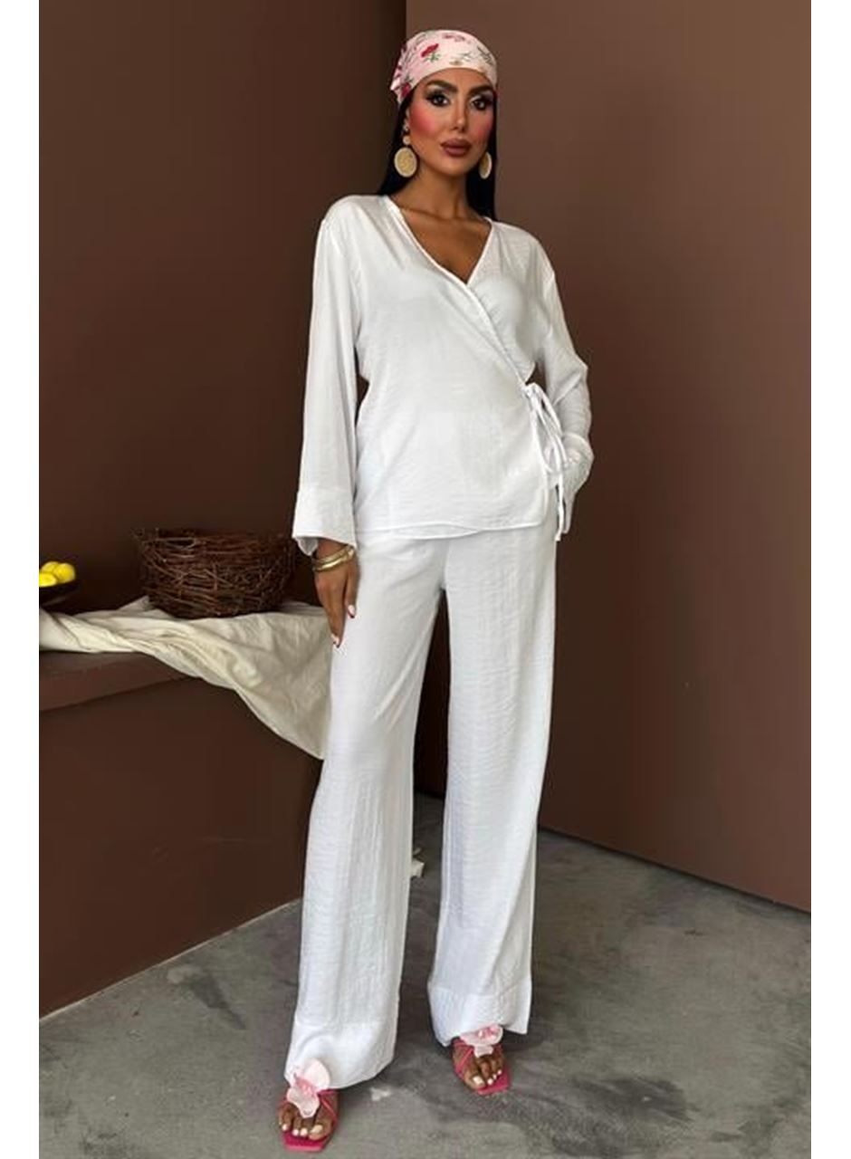 Kruvaze Model Klasik Pantolonlu Çupra Keten Takım 10191