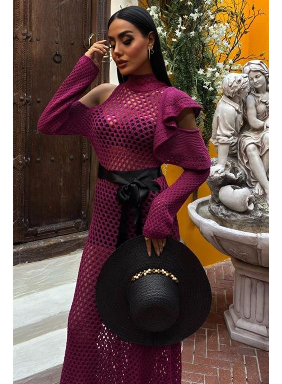 Saten Kuşaklı Ajurlu Triko Elbise 2847