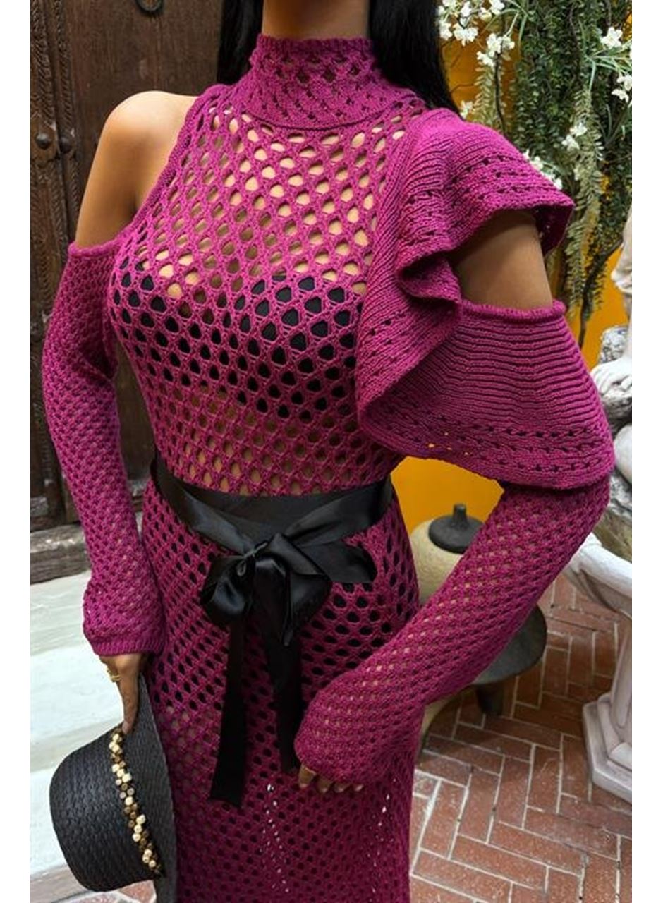 Saten Kuşaklı Ajurlu Triko Elbise 2847