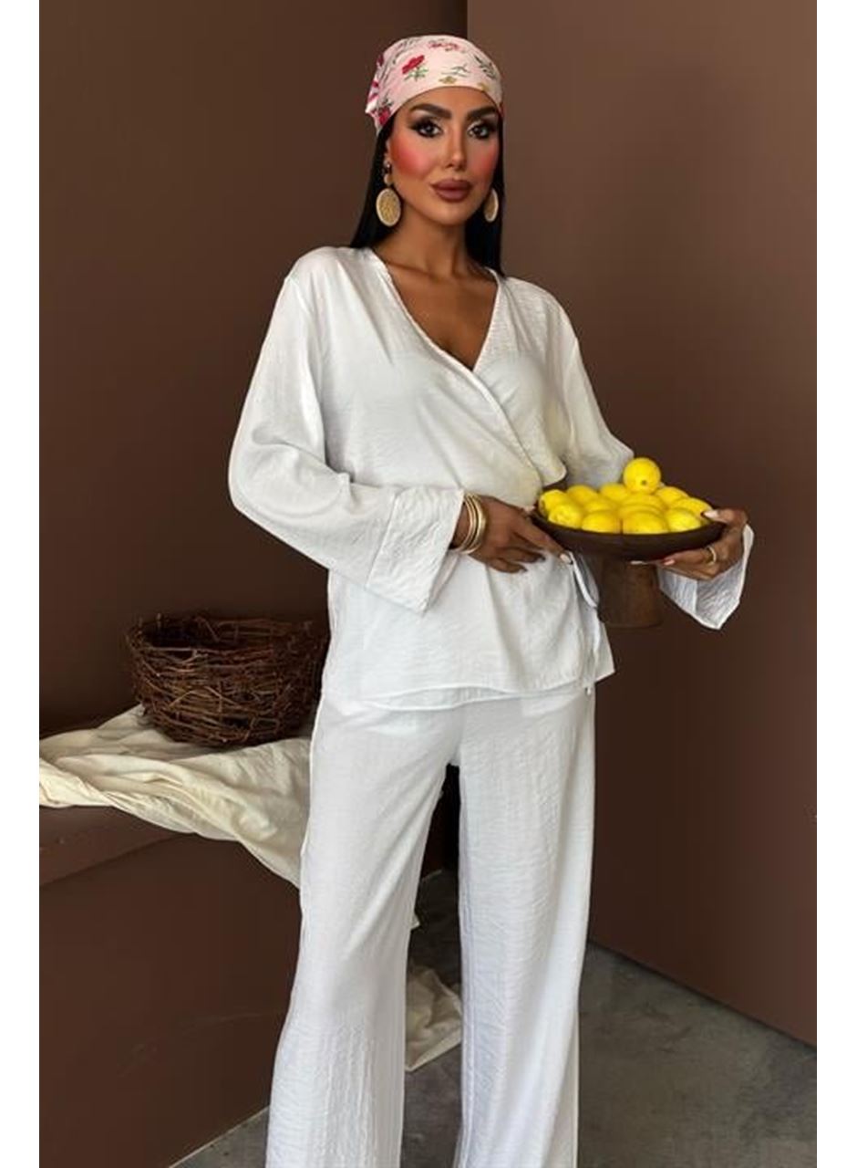 Kruvaze Model Klasik Pantolonlu Çupra Keten Takım 10191