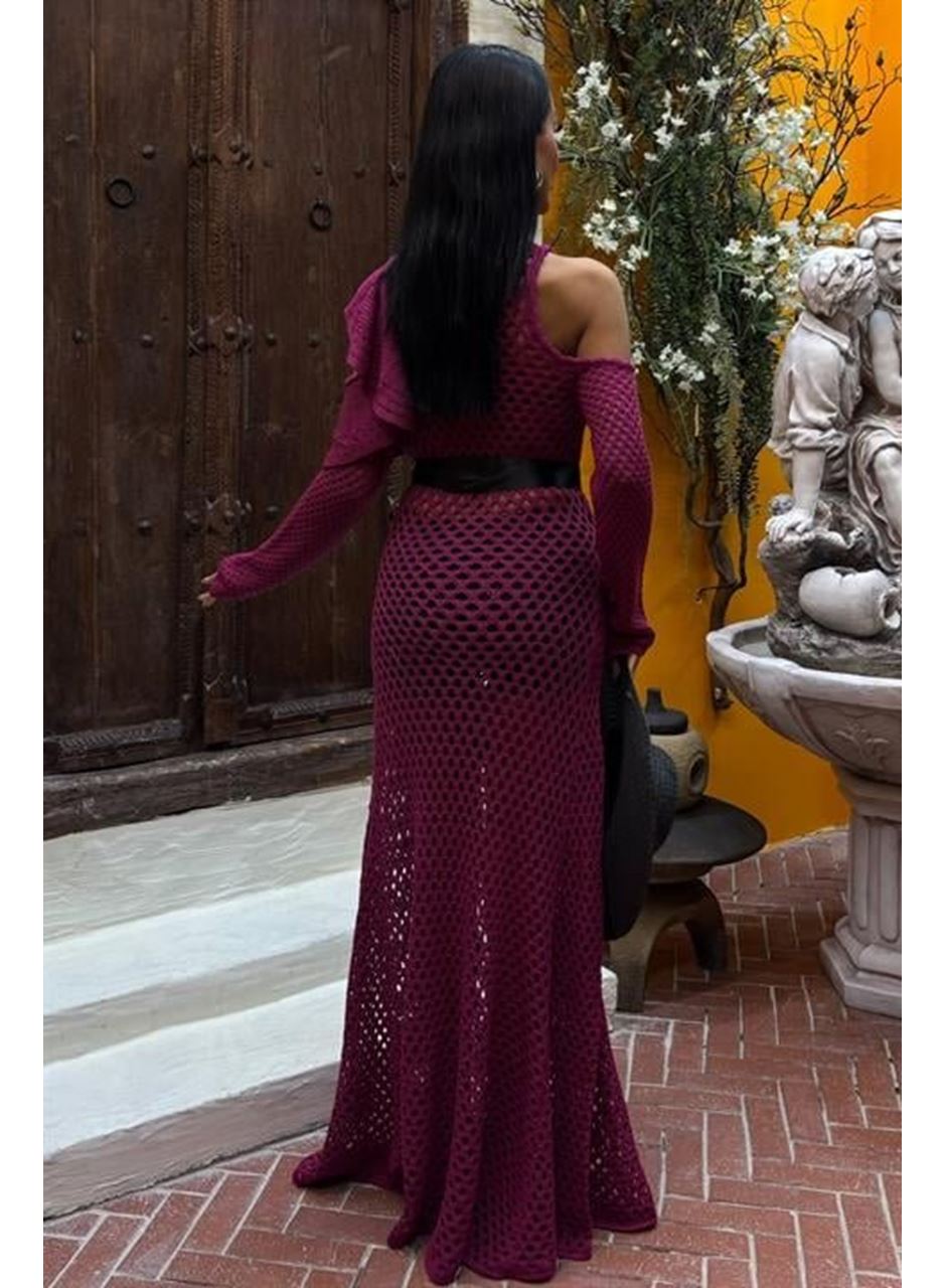 Saten Kuşaklı Ajurlu Triko Elbise 2847