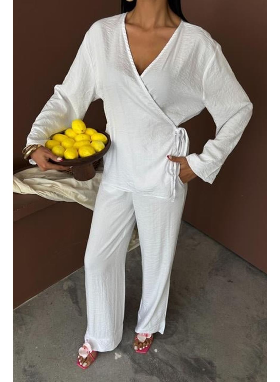 Kruvaze Model Klasik Pantolonlu Çupra Keten Takım 10191