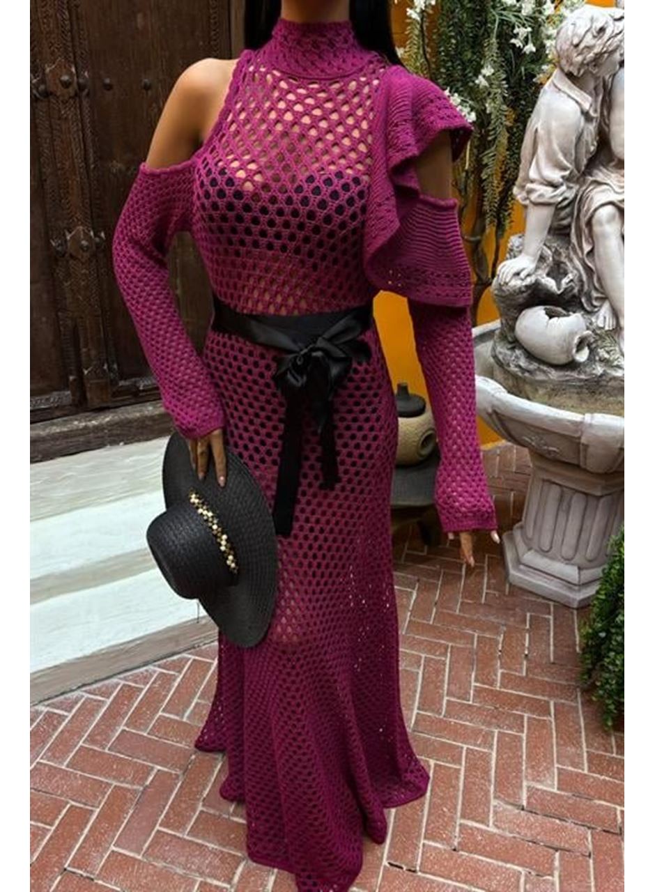 Saten Kuşaklı Ajurlu Triko Elbise 2847