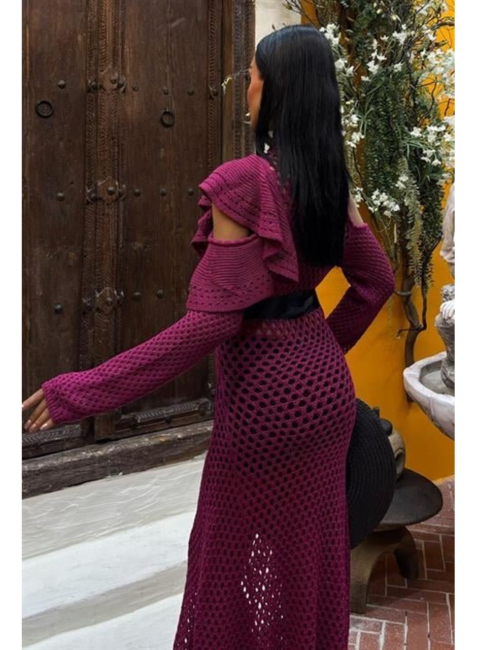 Saten Kuşaklı Ajurlu Triko Elbise 2847