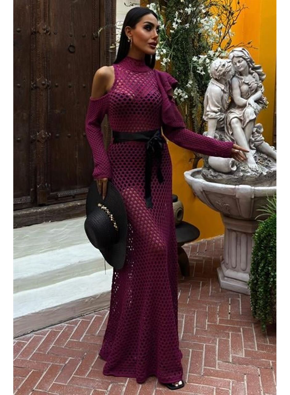 Saten Kuşaklı Ajurlu Triko Elbise 2847